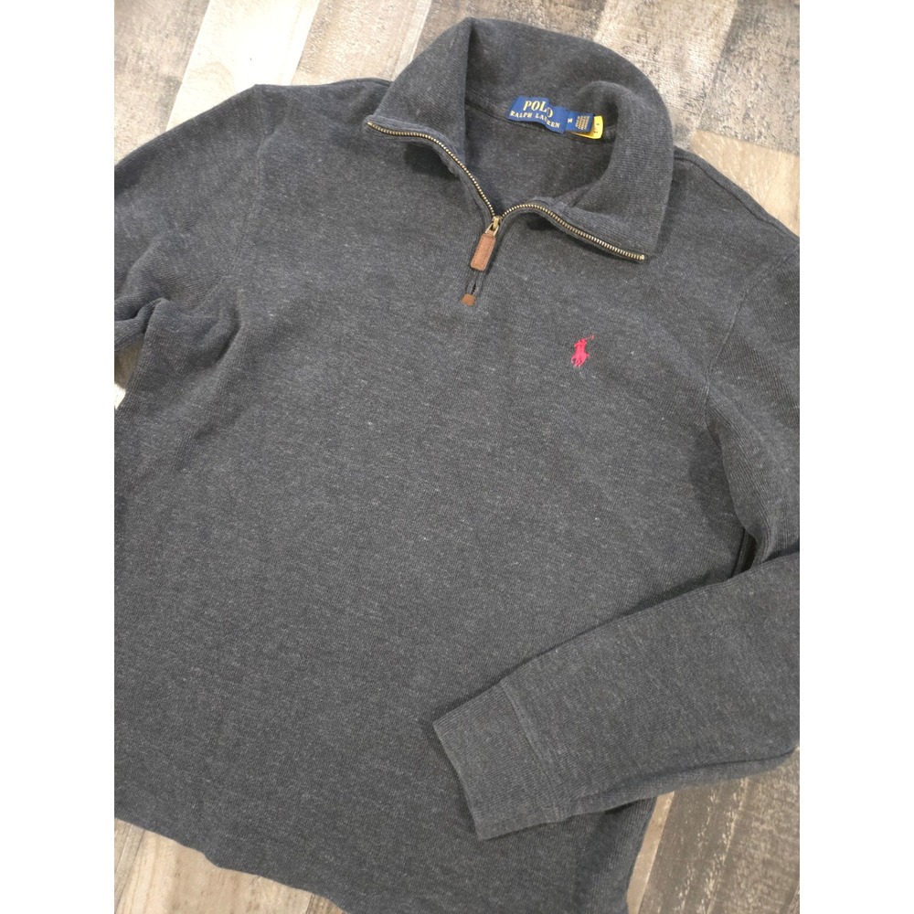 Polo Ralph Lauren Mens Med Gray Quarter Zip Cotton Ribbed Knit Pullover Sweater